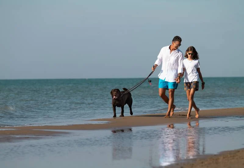 Coppia a passeggio sulla spiaggia col cane